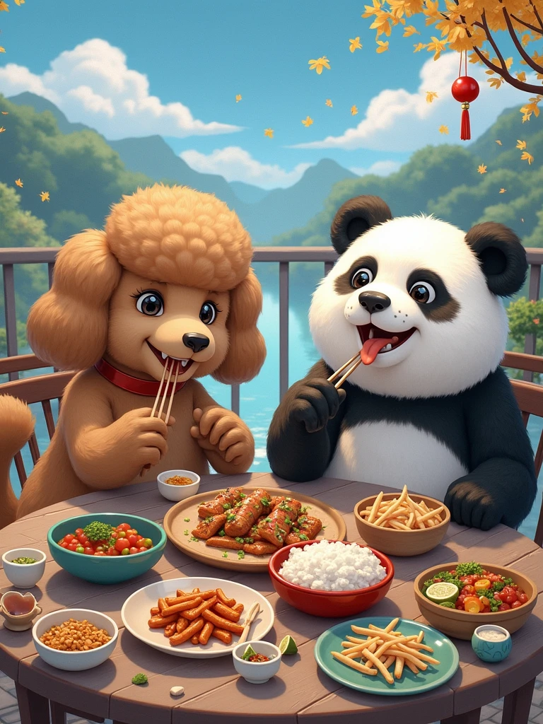 high quality, best quality, masterpiece, panda and Brown poodles dog sitting at a table with plates of food and plates of food, concept art by Yang J, pixiv, furry art, Kawacy, cute detailed digital art, ross tran and bayard wu, adorable digital painting, high detailed official artwork, mapo tofu cartoon, artwork in the style of guweiz, cute detailed artwork, trending on artstation pixiv,(Brown poodles dog and pandas sit together with chopsticks and bowls. Pandas eat Chongqing hot pot together:1.2)