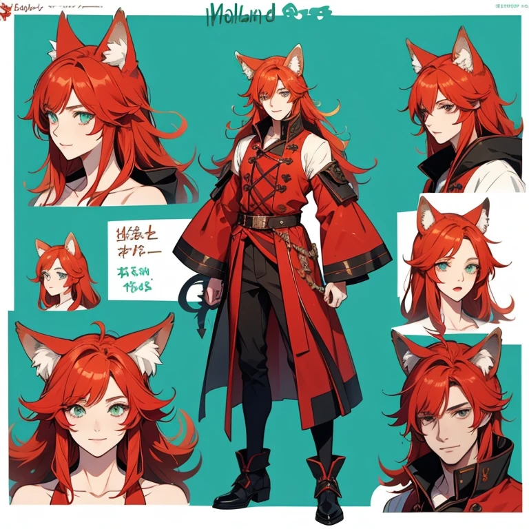 male original character reference sheet adoptable, redhead, green eyes, long hair, looking at viewer, smile, bangs, animal ears, wolf ears red, wolf tail fluffy red, turquoise clothing, body full, various positions