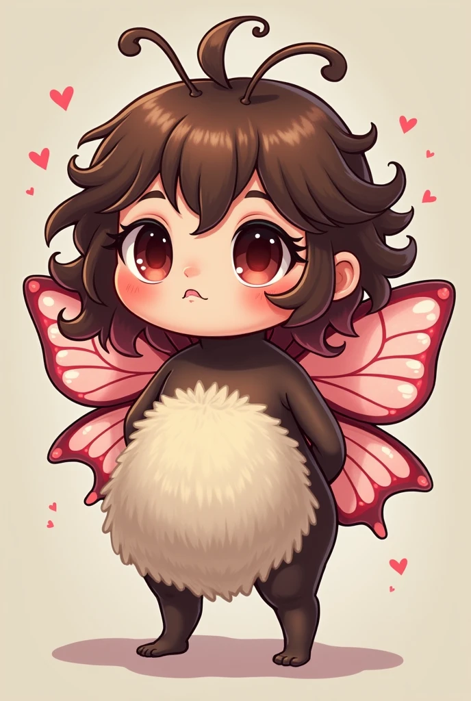 Silly adorable slightly chubby moth demi-human woman with messy curly brown ombre hair and pink and white highlights