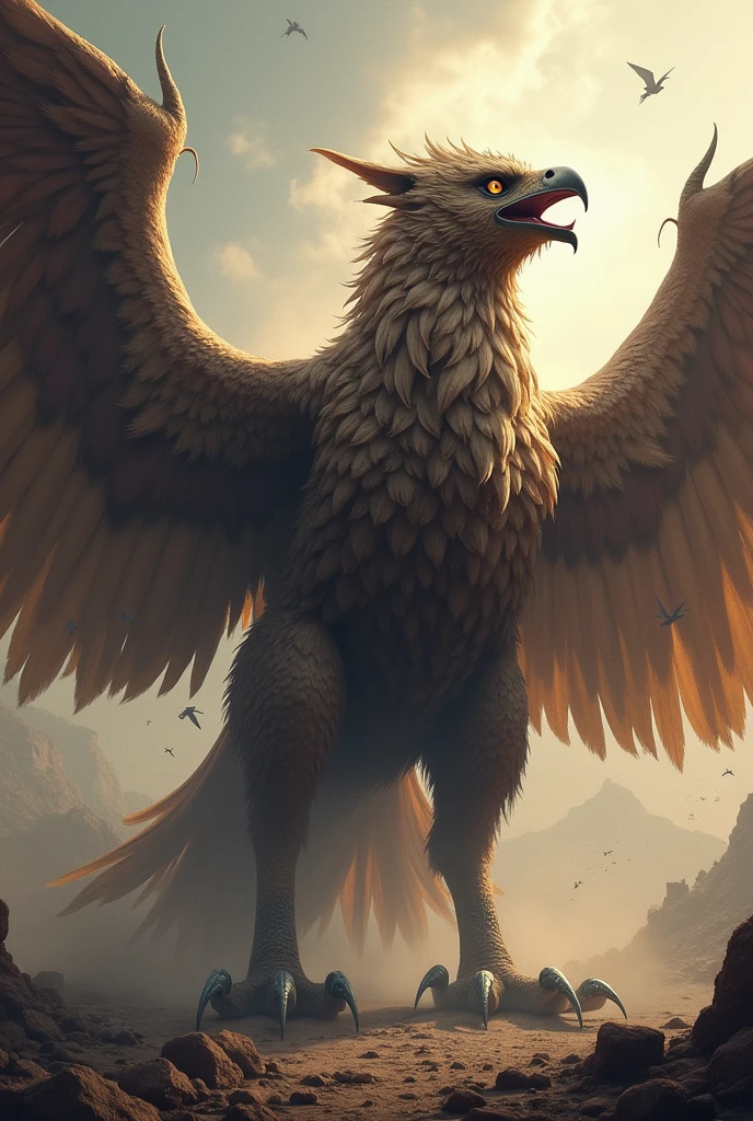 A gigantic war scarred intimidating four legged griffon with a very distant dragon ancestry. Roaring pridefully 