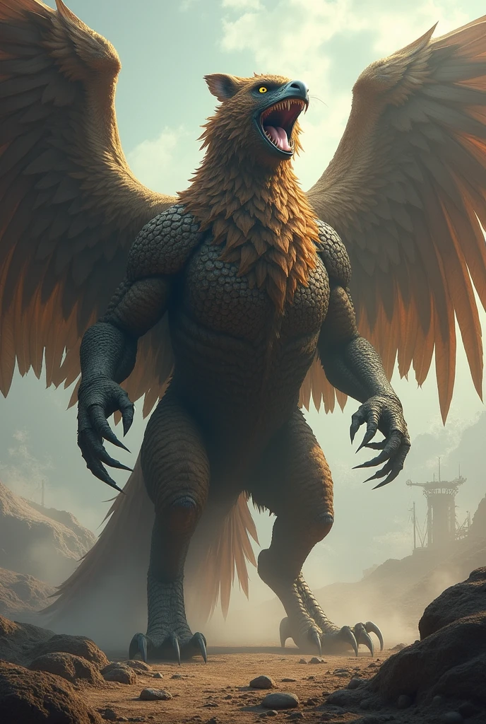 A gigantic war scarred intimidating four legged griffon with a very distant dragon ancestry. Roaring pridefully