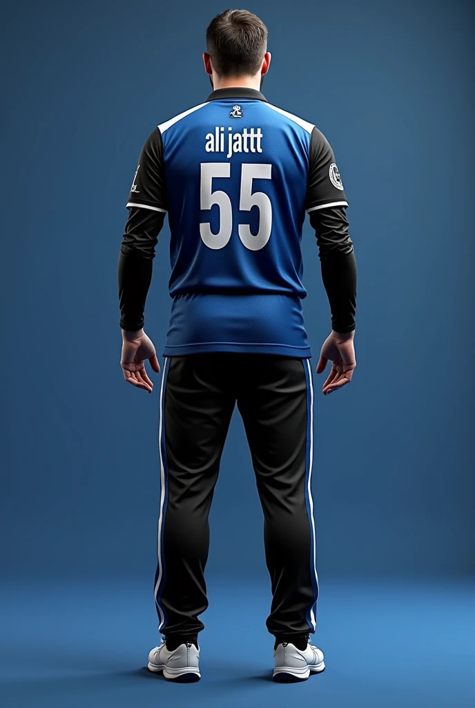 Create a cricket best kit design in which Black blue and white colour and the back side if kit name Ali jatt55 written on it and on the front side MaharX1 written on it