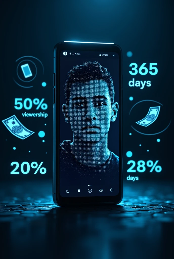 a smartphone, with their face obscured by a pixelation effect. Behind this figure, the text “365 DAYS” is prominently displayed in large, bold letters. Below this text, there are two statistics: “VIEWS 980” and “VIEWS 100000,” indicating a significant increase in viewership over the course of a year. The background is dark with blue highlights, and there are illustrated banknotes scattered around the bottom of the image, suggesting financial success or profit. For YouTube thumbnail