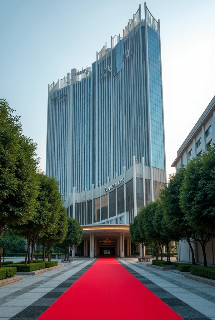 A corporate building headquarters with Singaporean architecture with it's own compound not sorounded with any other building,the compound has a driveway with red carpet on the entrance I don't want tiles structure on the building with the words EXECUTIVE DOCKET 