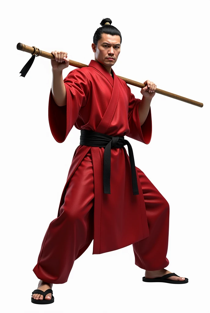 a man from martiar art karate, wearing a red uniform, carrying a toyak, wearing flip-flops, white bacground