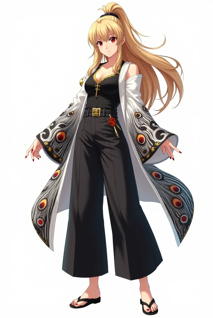 draw in anime style in full growth on a white background: a tall woman with blond hair, bangs in 2 sides, and a high ponytail. She wears a black tank top with gold detailing, and on top of the tank top is a white haori with wide sleeves with black, white and red peacock feather detailing. She is also wearing black wide pants and black shoes. She also has a hairpin with a black, white and red peacock feather on her head. Her eyes are red and not big. Make her expression serious or in a dynamic pose. Her clothing must have black, white and red peacock feather details in it