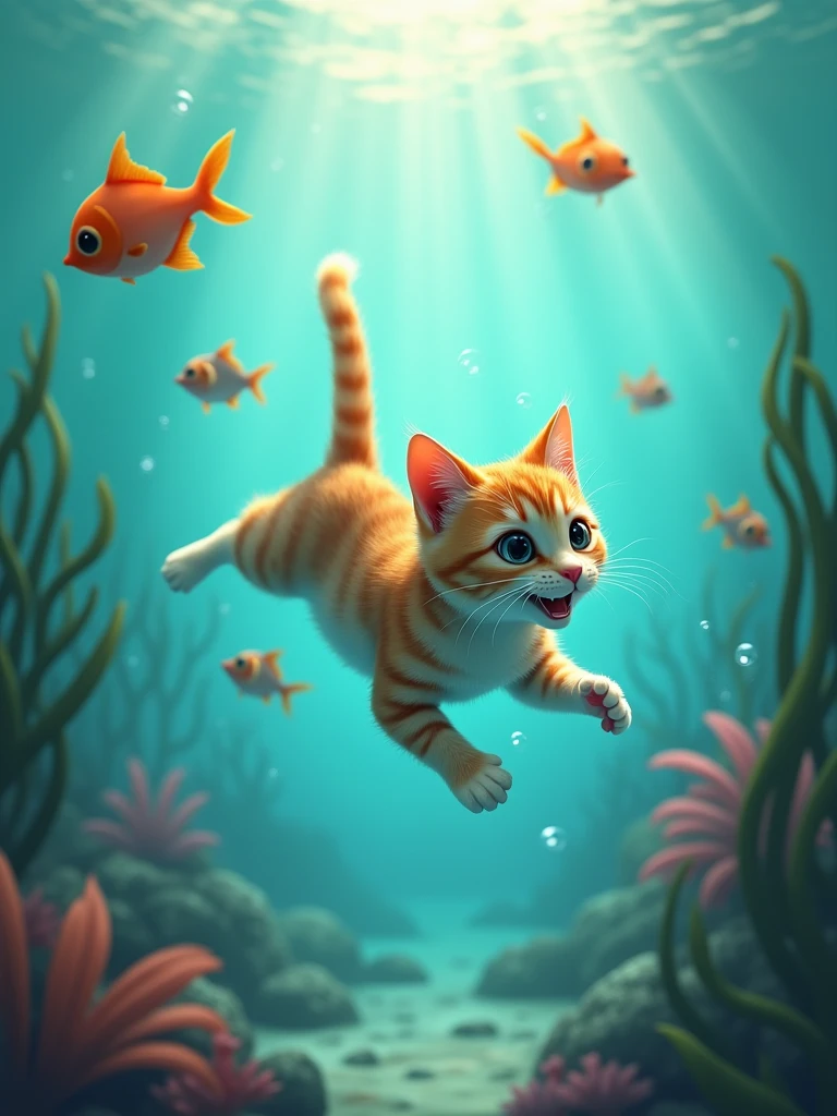 cat underwater playing