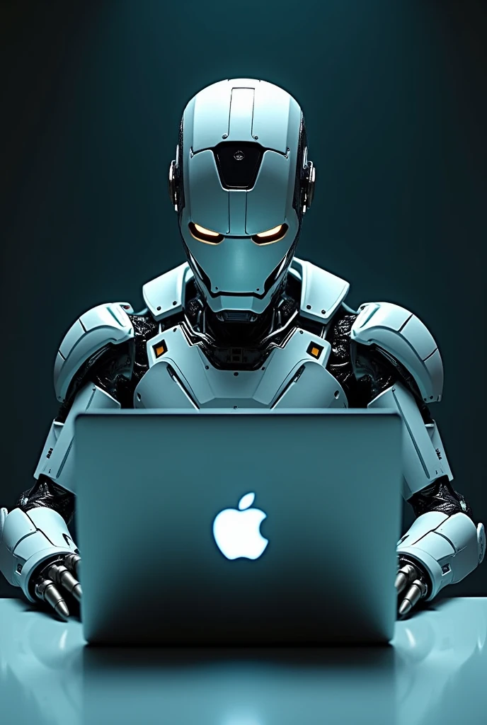 A hacker iron man robon on seating in the front of macbook