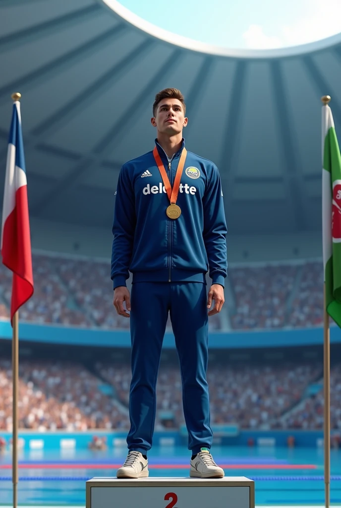 "Design a complete image of a swimmer during a medal presentation, dressed in a tracksuit with matching trousers. The tracksuit should prominently display the word 'deloitte' printed on it, with special emphasis on making the full stop after 'deloitte' green, as this is a key detail."
