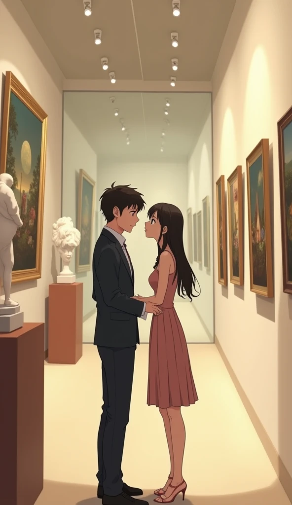 Imagine a anime scene by image from back side of a Indian 2 simple shy college elegant boy and girl standing side by side to each other in art exhibition like strangers, girl dressed in simple but elegant one piece dress, a shy and handsome boy standing near to her and looking towards girl with affection, girl looking towards the painting Masterpiece, Best Quality, 
