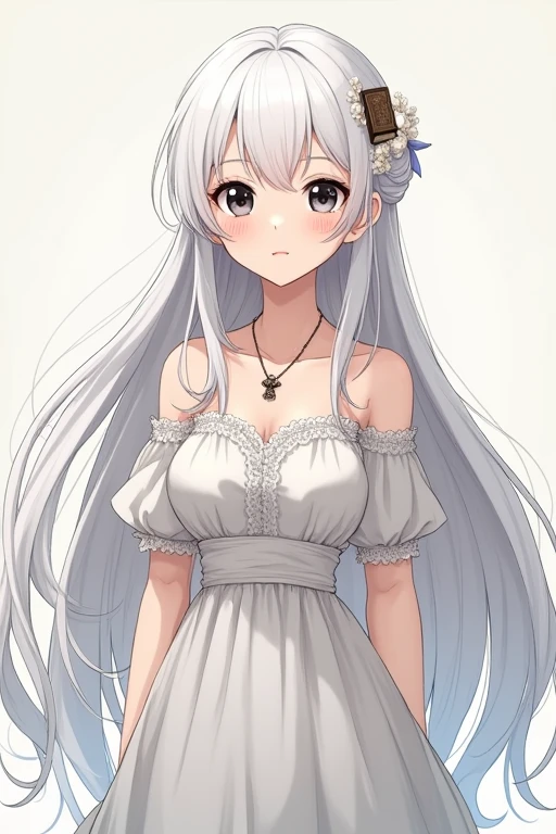 Anime girl  Long and white, with a silky, shiny texture that reflects light with a silvery tone. She tends to keep them loose, allowing them to fall in natural waves over her back, or tied up in an elegant bun with a few loose strands that frame her face. Eyes: Large and deep black, with an intense shine that reflects her nature curious and her intellectual spirit. Her eyes have an almost ethereal quality, expressing both the wisdom gained from books and the innocence of her youth.Skin: Clear and flawless, with a pale tone that contrasts softly with the dark color of her eyes and hair. Her skin has a smooth, well-cared-for appearance, enhanced by a care regimen appropriate to her social standing. Attire: Selene prefers elegant, understated clothing that reflects her love of books and her reserved nature. She wears simple but sophisticated dresses, usually in neutral tones like white, gray or light blue. Dresses are adorned with subtle details, such as delicate lace or small pearls, and often have classic cuts that enhance your graceful posture. Height and Body: Average height and with a slender, well-proportioned body. Her bearing is elegant and confident, with a posture that demonstrates both her respect for others and a calm self-confidence. Facial Expression: Selene has an often contemplative and serene expression, reflecting her reserved nature and her deep dedication to reading. Her black eyes can light up with curiosity or soften with an expression of empathy, depending on the situation.Special Features:Accessories: Selene is known for wearing a simple necklace with an old book pendant, which symbolizes her passion for reading and her desire to explore new worlds through stories. Full body 