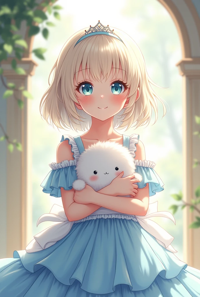 masterpiece, Highest quality, Highest quality, 8K quality, Anime Magazine Pin-up Style,, Noble daughter, Fluffy Platinum Blonde Hair, Bobcut, Aquamarine Eyes, Sky blue ruffled dress, White ribbon, Small crown-like hair ornament, Holding a stuffed toy, A white and fluffy stuffed animal, smile, Innocent smile, Facing this side, Fantasy World, The Noble's Mansion, Light of the sun,