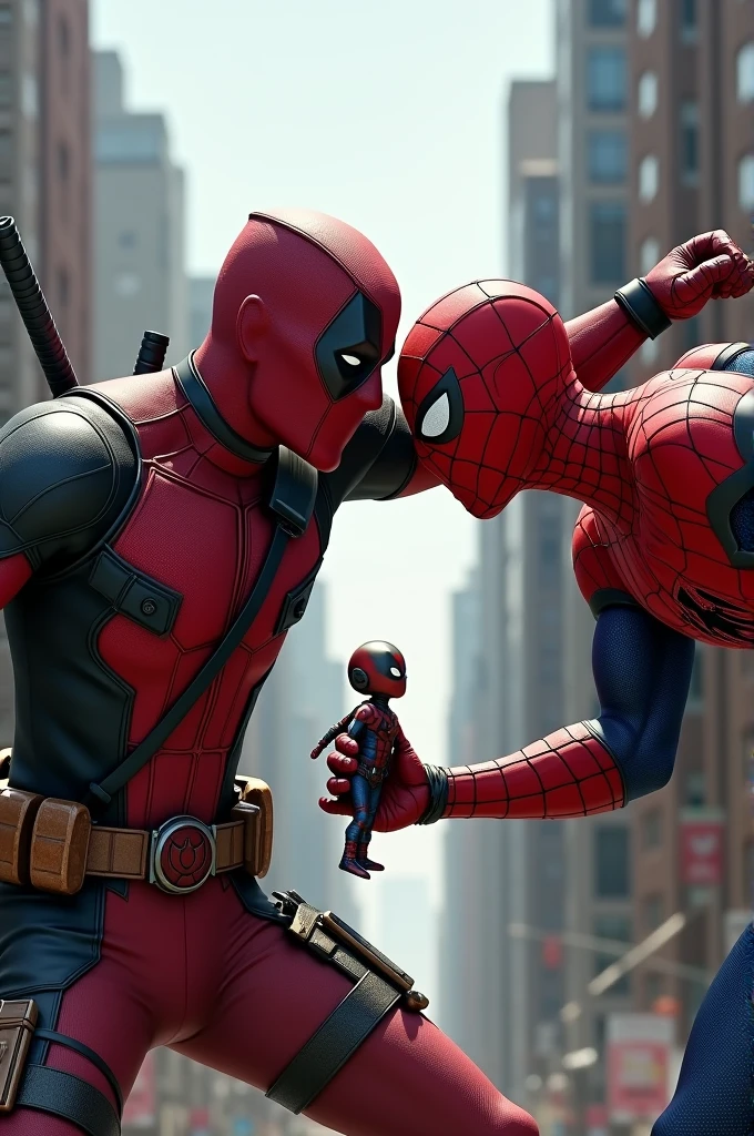 Deadpool shooting spiderman on his head and antmannin his hand
