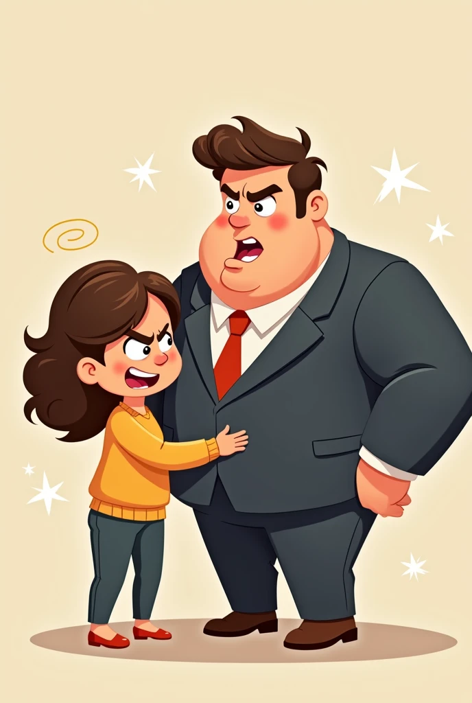 Angry cute woman and a bulky man in suit who smile softly at her