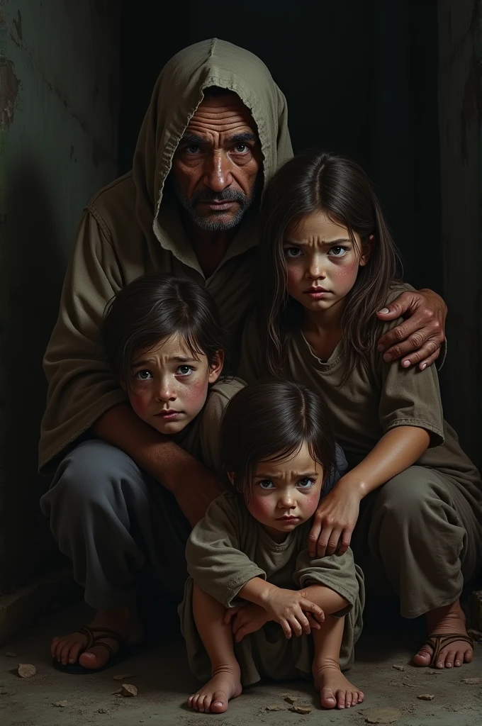 Poor family with scared eyes