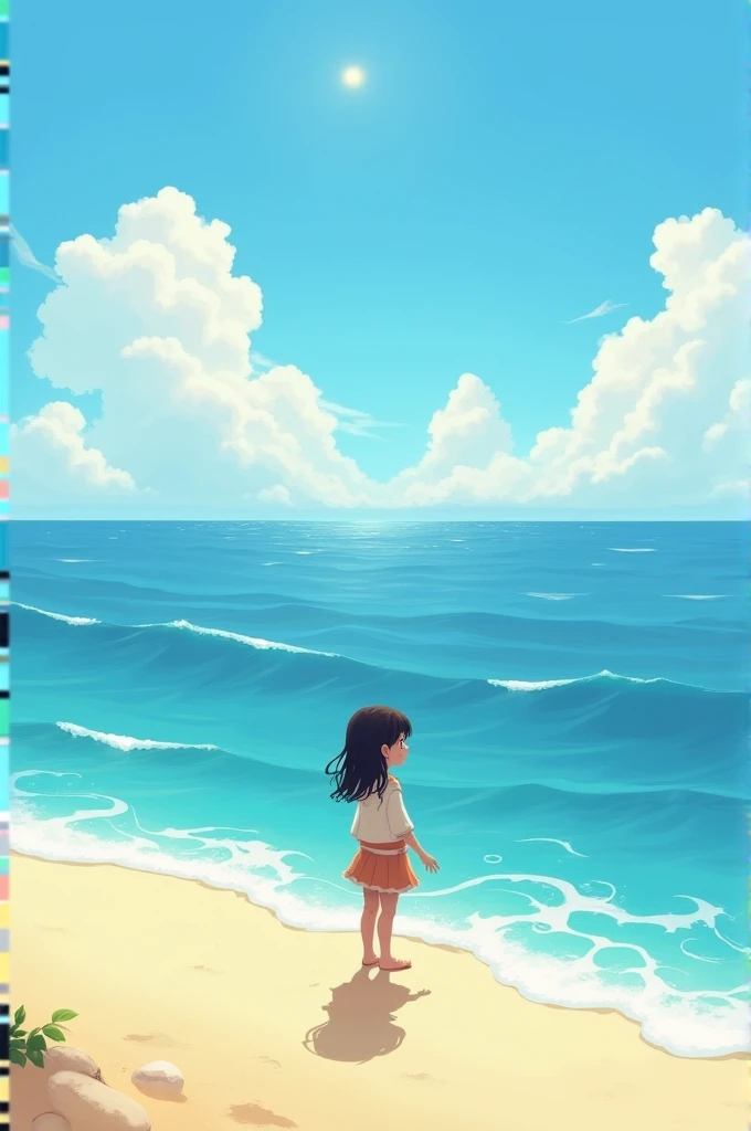 A child, perhaps named Aanya, standing on a sandy beach, staring out at the vast ocean. The sun is shining brightly, and the waves are gently lapping at the shore.