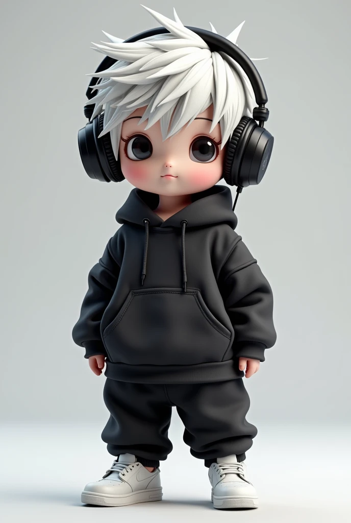 Oversized dark streetwear(Hoodie and baggy pants)And wearing white sneakers、Highly detailed 3D chibi character with white messy hair。It exudes a cool and relaxed atmosphere。She is wearing large, stylish headphones that match her outfit.。The overall style is、Cute、Modern、and、Stylish chibi characters