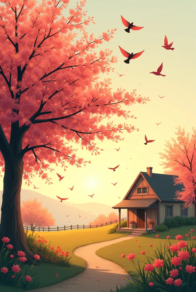 A scenario where right side is a small house and left side is a cherry fruit tree...the sun is risind and the birds are flying. The photo for facebook cover
