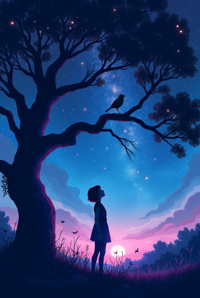 Silhouette of a person gazing upwards at a myriad of stars twinkling in the inky sky, gentle zephyrs rustling through grass, on a whimsical breeze, melodic birds perched and chirping within the branches of an ancient sycamore tree, all composed in a dreamlike vivid neon colors tableau, night-time palette of blues and purples, soft neon glow from the stars, synthesis, high quality, perfect composition