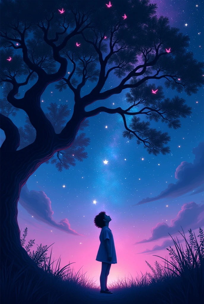Silhouette of a person gazing upwards at a myriad of stars twinkling in the inky sky, gentle zephyrs rustling through grass, on a whimsical breeze, melodic birds perched and chirping within the branches of an ancient sycamore tree, all composed in a dreamlike vivid neon colors tableau, night-time palette of blues and purples, soft neon glow from the stars, synthesis, high quality, perfect composition