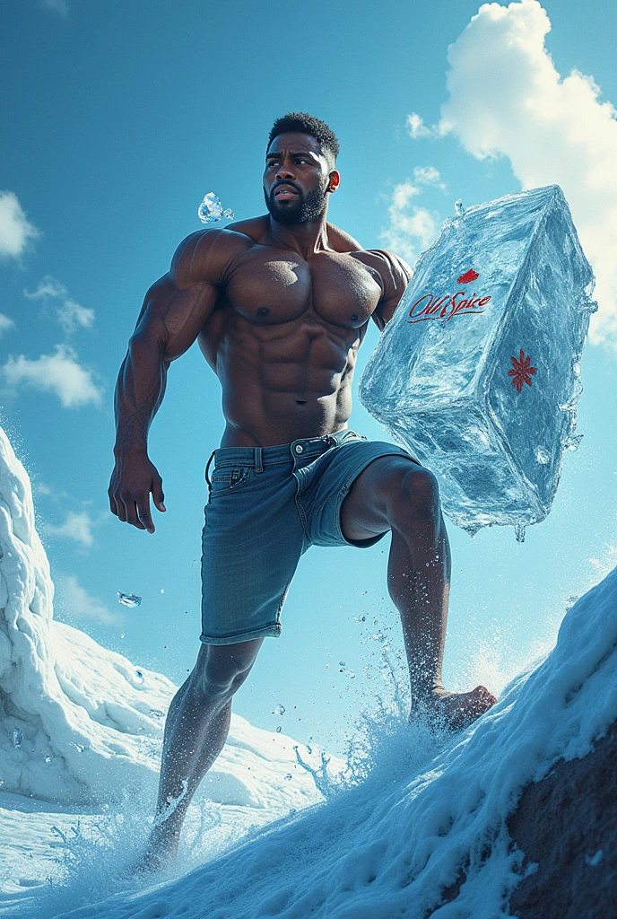 Visual:
scenery: A dark-skinned man with a strong and charismatic appearance is in a scene that mixes the everyday with the extraordinary. For example, could be pushing a giant block of ice uphill, with a determined expression on his face. As the ice pushes, You can see the ice crumbling into small fragments that transform into images of fresh and energetic situations (a crystal clear sea, A waterfall, etc.).
design: The ice block has the Old Spice logo etched into it., and the surroundings have cool and refreshing tones, with touches of red that highlight the Old Spice branding.