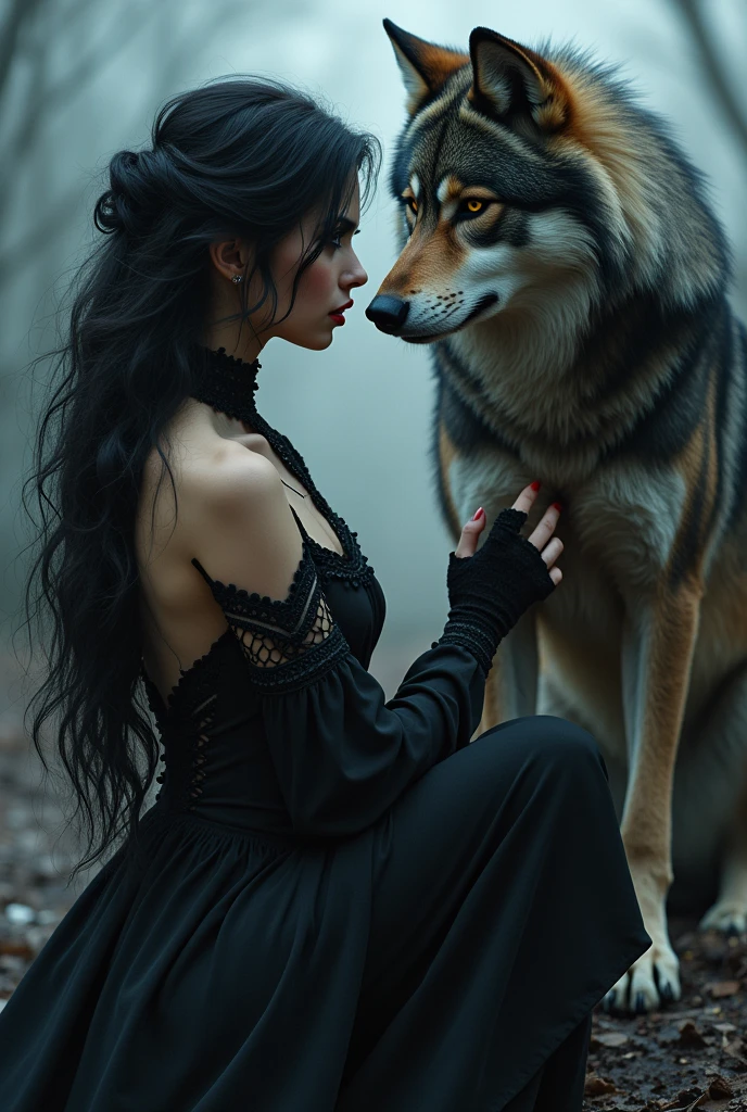 A woman and a wolf with a woman in black clothing and red lips
