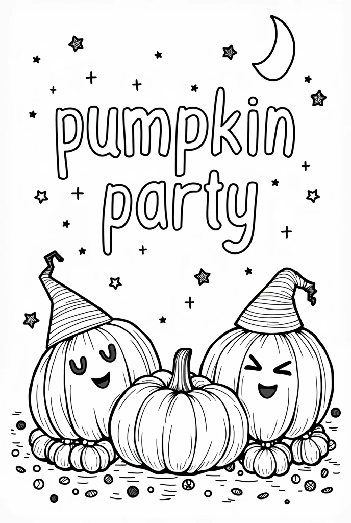 A coloring page design with the phrase "PUMPKIN PARTY" at the top, written in a fun, playful font outlined in black, ensuring the text is ready for coloring with no solid fill. Below the text, there are three pumpkins with different expressions—one smiling, one winking, and one surprised. Each pumpkin wears a Halloween hat and is adorned with fun patterns like stars and swirls. They are surrounded by confetti, candy, and stars. The design should be in clean, black-and-white line art with medium-weight outlines, and no extra gray areas or shading. The background includes a crescent moon and scattered stars, completing the festive Halloween scene.