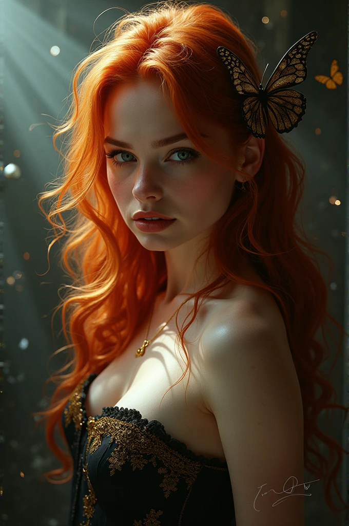 (solo, full body photo:1.3), (action packed:1.3), (haze, fog, mist:1.3), chiaroscuro, best quality, photorealistic, 1woman, (cute), (24yo:1.2), redhead, long ginger hair highly detailed, 1700'S, digital photography, art by artgerm and ruan jia and greg rutkowski surreal painting gold butterfly filigree, broken glass, (masterpiece, sidelighting, finely detailed Fashionable eyes: 1.2) (perfect oval large eyes that gazes at the viewer), beautiful detailed face, blue gorgeous perfect eyes, (blonde hair ponytail), (attractive young woman:1.3), (thick amazing hair), (seductive:1.1), (blushing:1.1)