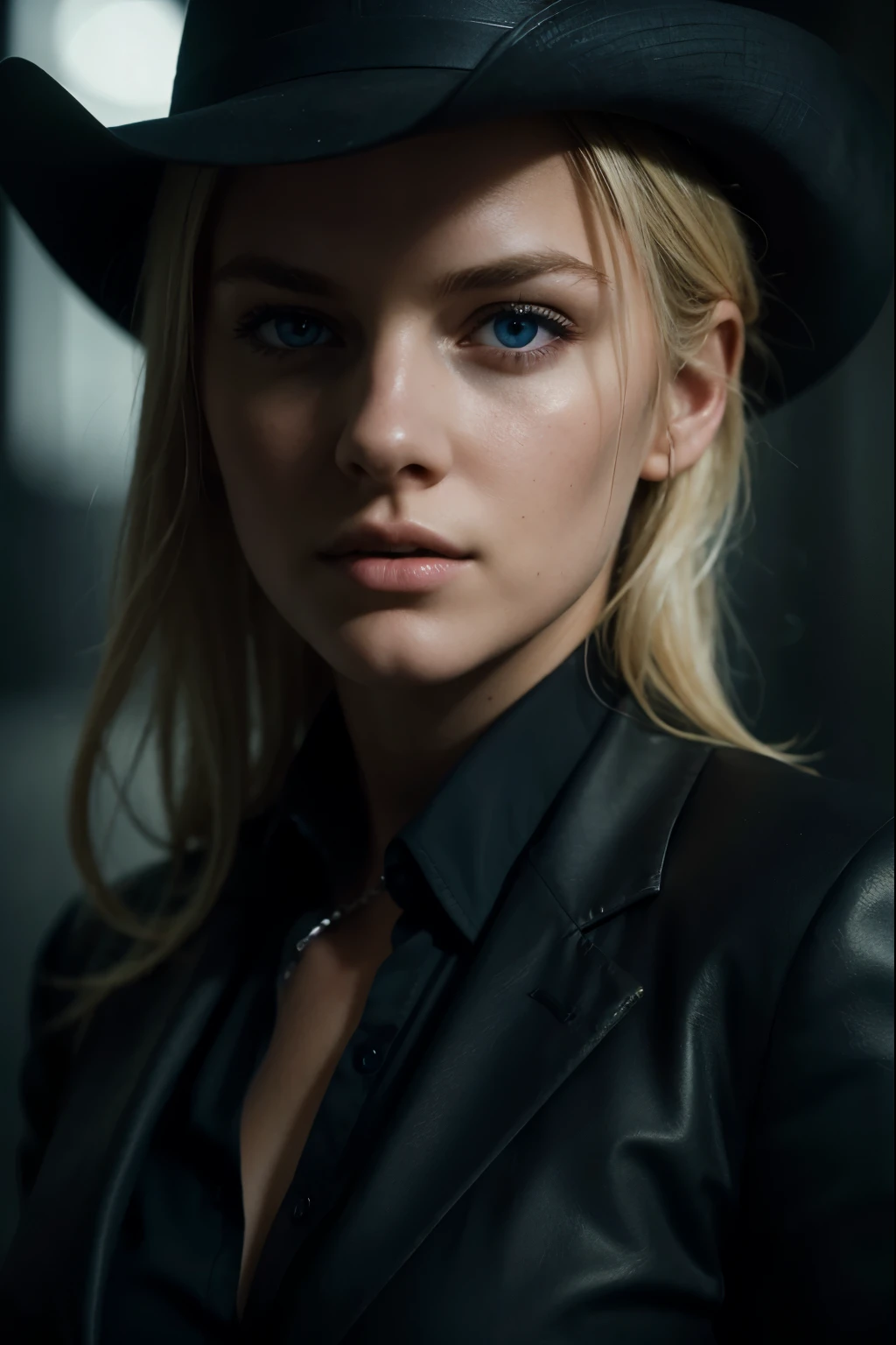Best quality, masterpiece, ultra high res, (photorealistic:1.4), raw photo, 1girl, blonde hair, blue eyes, detailed eyes and face, black suit, dynamic lighting, in the dark, deep shadow, low key, cowboy shot full-lenght body