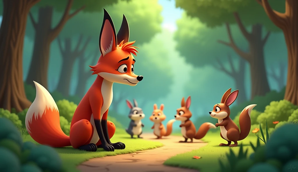 Description: Fox  looks down, realizing her mistake as the animals walk away disappointed.
Action: She reflects on her actions, understanding that her trickery has caused her to lose the trust of the other animals. 3D cartoon