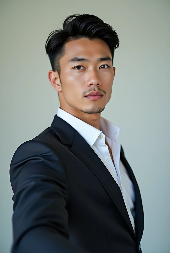 Belle homme en costume type japanese jeune muscle blond au yeux bleu, Photographed with a smartphone, Selfie, Top quality, 1 beautiful men, Perfect Face, Japanese men, age 41, suit, short hair, black hair, Posing like a magazine cover,