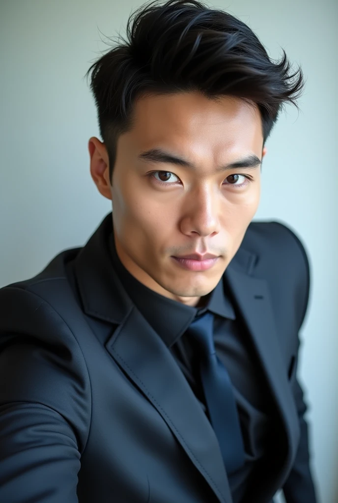 Belle homme en costume type japanese jeune muscle blond au yeux bleu, Photographed with a smartphone, Selfie, Top quality, 1 beautiful men, Perfect Face, Japanese men, age 41, suit, short hair, black hair, Posing like a magazine cover,