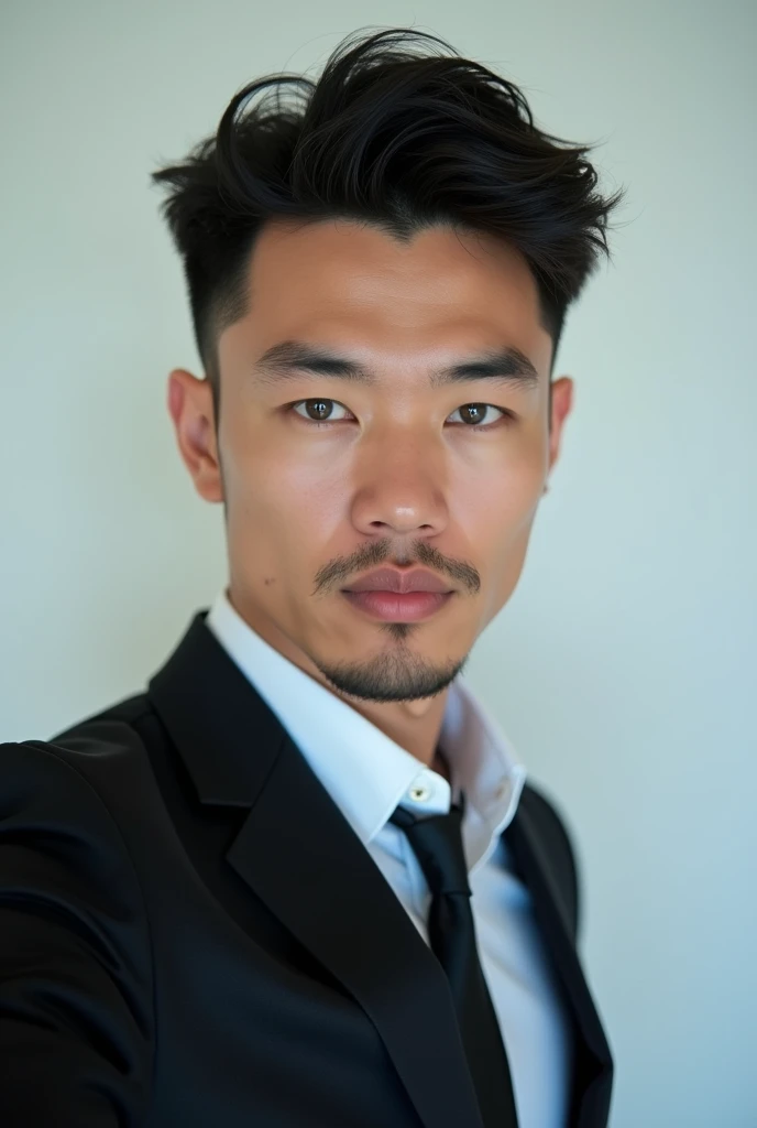 Belle homme en costume type japanese jeune muscle blond au yeux bleu, Photographed with a smartphone, Selfie, Top quality, 1 beautiful men, Perfect Face, Japanese men, age 41, suit, short hair, black hair, Posing like a magazine cover,
