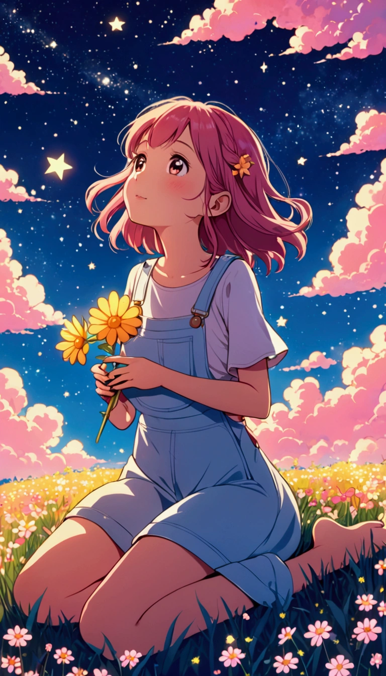 It depicts a lovely girl sitting on her back against a background of blue sky and pink clouds, holding a flower in one hand and gazing at the twinkling stars overhead. The overall atmosphere is warm, dreamy and full of romantic elements. It creates a lively and playful visual experience. Animation style cartoon, high quality, detailed.