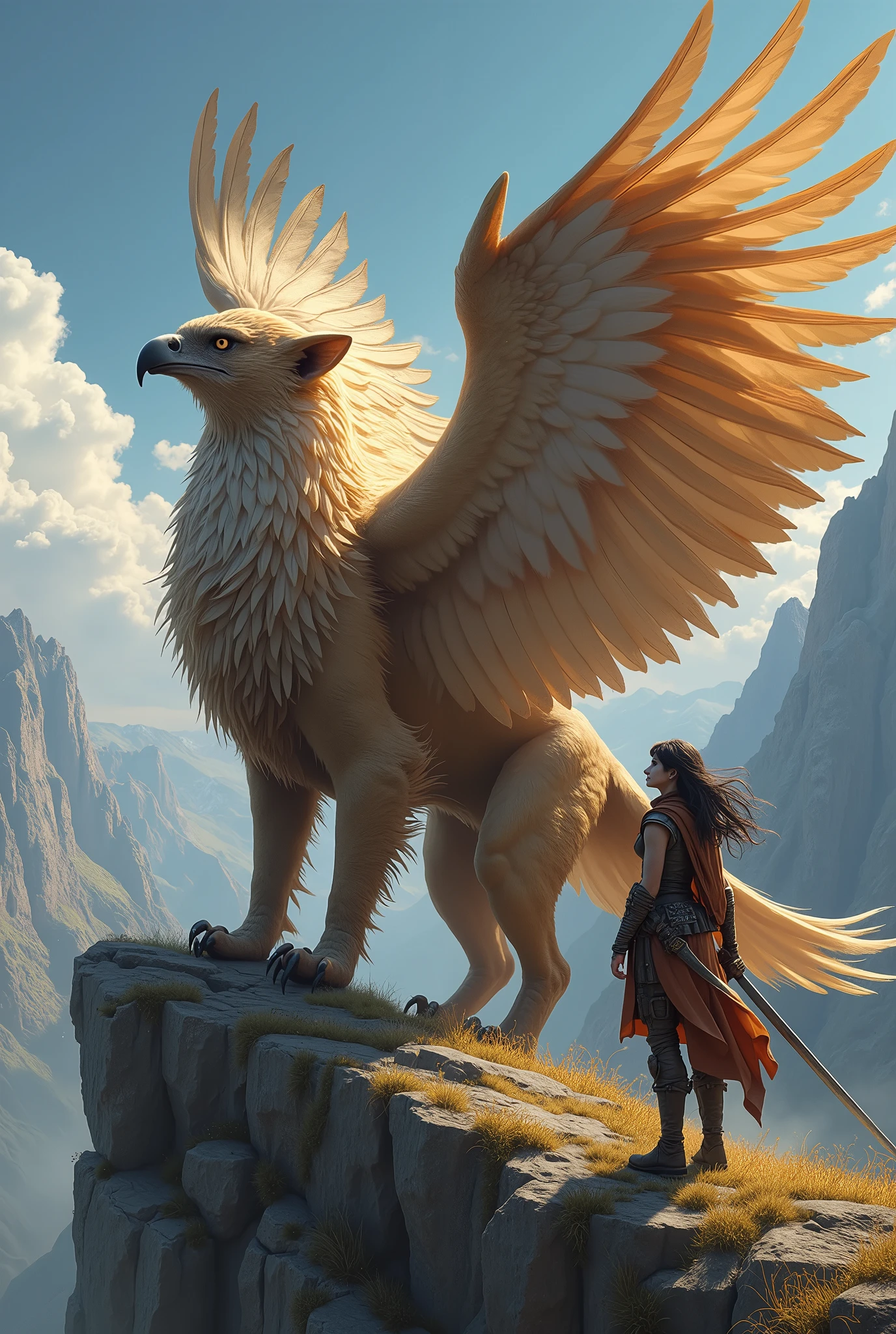 "Imagine a majestic griffin soaring high above a rugged, windswept landscape, its powerful wings beating rhythmically as it glides through the sky. The griffin is a powerful and awe-inspiring creature, a mythical fusion of a lion and an eagle. Its front half is that of a massive eagle, with a proud, sharp-beaked head and piercing, golden eyes that reflect both intelligence and ferocity. The griffin's broad, expansive wings shimmer in shades of gold and brown, catching the sunlight as it circles above, surveying the land below.

Far beneath, a determined female adventurer stands on the edge of a cliff, her gaze fixed on the griffin above. She is dressed in rugged leather armor, with a cloak that billows in the wind, and a sword at her side. Her hair, dark and windswept, frames a face set with resolve. The adventurer’s eyes meet the griffin's as it descends from the sky, each assessing the other with a mix of caution and curiosity.

The griffin’s descent is powerful and graceful, its lion-like back half with sleek, tawny fur poised for a potential landing. The adventurer’s hand instinctively moves to the hilt of her sword, though she makes no aggressive move, aware of the creature's formidable power. The air between them is charged with tension, the only sound being the beating of the griffin's wings and the distant roar of the wind through the mountains.

As the griffin hovers just above the ground, it lets out a piercing cry that echoes through the valley, a sound both commanding and wild. The adventurer remains steady, her expression a blend of awe and determination. This encounter, a moment of connection between the human and the mythical, is a test of both courage and respect, set against the backdrop of a vast, untamed wilderness."