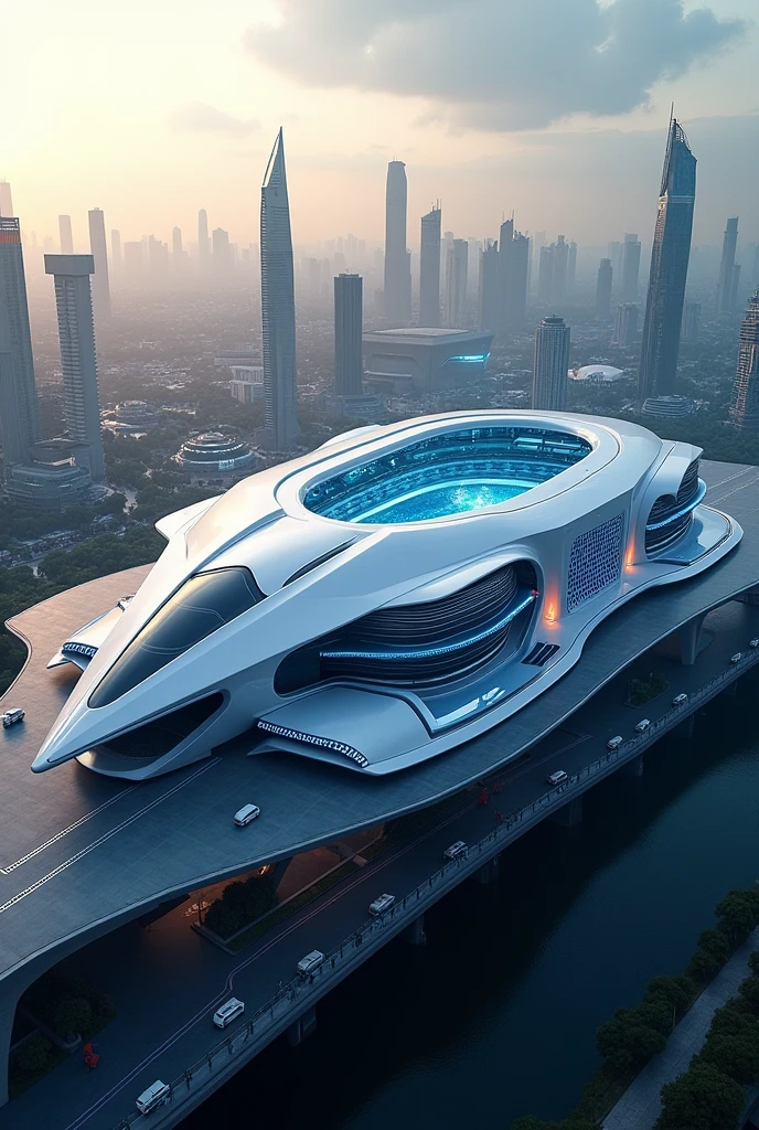 A football stadium in the shape of a flying car