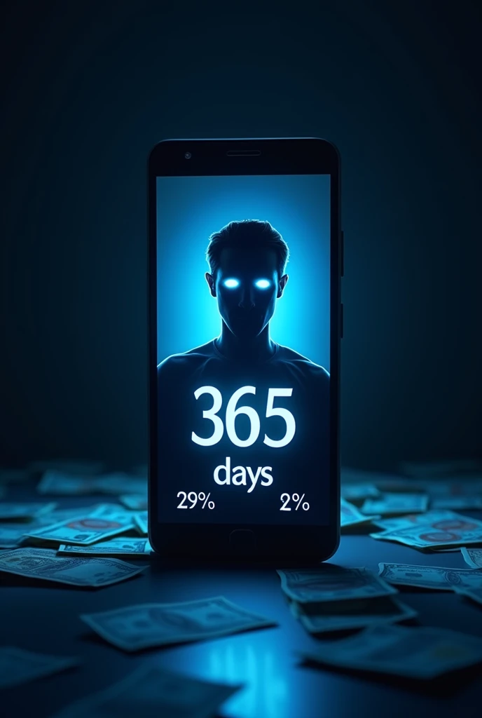 a smartphone, with their face obscured by a glow effect. Behind this figure, the text “365 DAYS” is prominently displayed in large, bold letters. Below this text, there are two statistics: “VIEWS 980” and “VIEWS 100000,” indicating a significant increase in viewership over the course of a year. The background is dark with blue highlights, and there are illustrated banknotes scattered around the bottom of the image, suggesting financial success or profit. For YouTube professional thumbnail