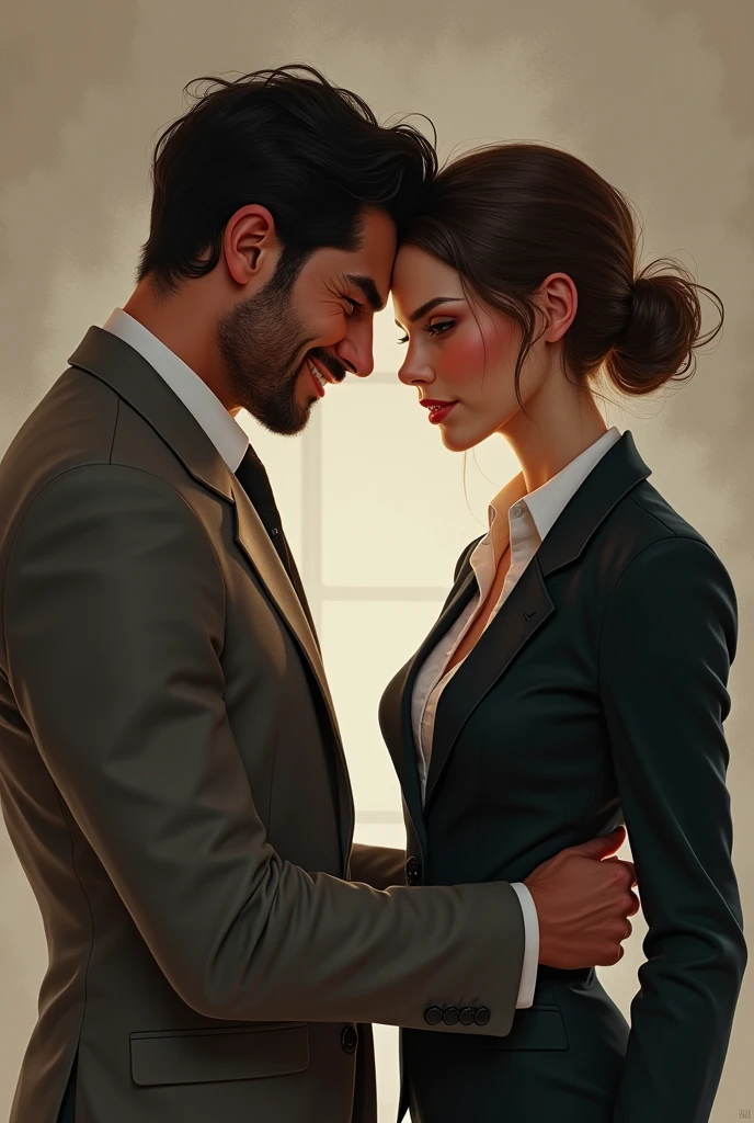 Angry cute woman and a bulky man in suit who smile softly at her realist