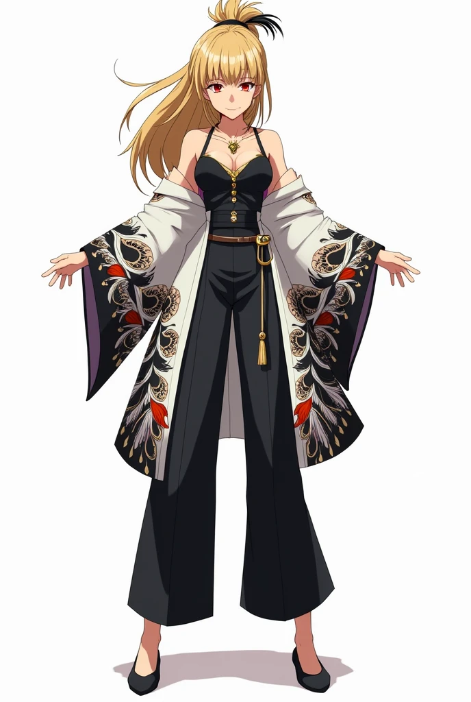 draw in anime style in full growth on a white background: a tall woman with blond hair, bangs in 2 sides, and a high ponytail. She wears a black tank top with gold detailing, and on top of the tank top is a white haori with wide sleeves with black, white and red peacock feather detailing. She is also wearing black wide pants and black shoes. She also has a hairpin with a black, white and red peacock feather on her head. Her eyes are red and not big. Make her expression serious or in a dynamic pose. Her clothing must have black, white and red peacock feather details in it