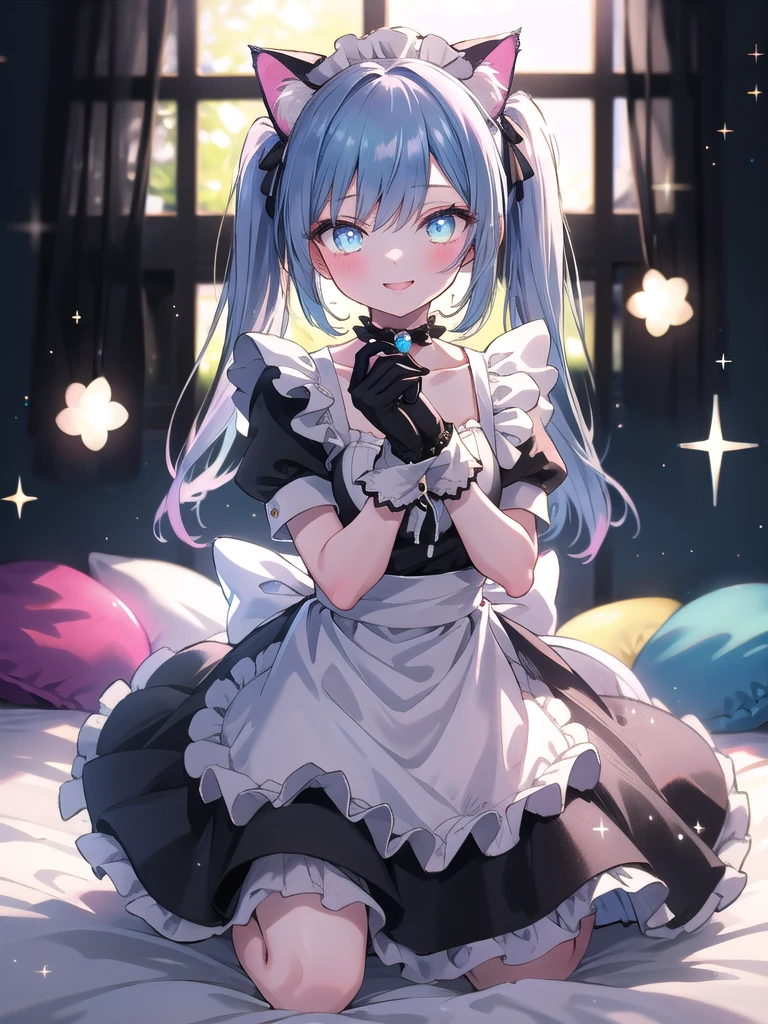 ((8k, Best Quality, Masterpiece: 1.3)), Ultra High Resolution, (One Girl, Solo), (Color Changing Eyes, Ultra Detailed, Expressive Sparkle, Shimmering, Glowing Eyes), Highly Detailed Eyes,In a small, tidy student’s room, a young maid with sky-blue twin tails is enjoying a delightful moment dressed in a cat maid cosplay. Her semi-long hair, tied in perky twin tails, softly shifts from sky blue to pale blue at the ends, adding a soft, magical touch. She wears a cat-themed maid outfit—a black and white frilly dress with cat ears, a fluffy tail, and cute paw gloves that add to her playful appearance. Her costume is complemented by a bell choker around her neck, adding a charming detail. The room, with its single bed, desk, and a few plushies scattered around, sets a cozy backdrop. She kneels playfully on the bed, her hands posed like cat paws, her smile wide and her eyes sparkling with mischievous joy. The atmosphere is filled with fun, capturing her adorable and energetic persona.