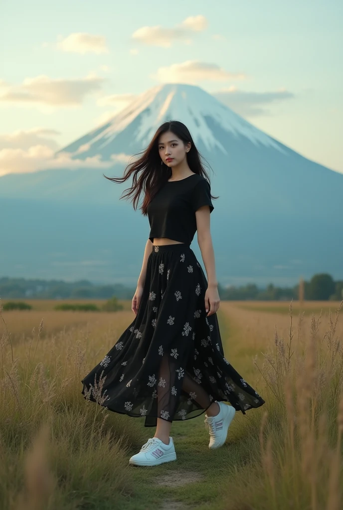 cinematic professional portrait (solo),  A 3 Asian woman with long hair, a curvy body, wearing a plain black t-shirt, a long black skirt with a floral pattern, white New Balance shoes, walking in the background of a plain of wild grass, a mountain covered in dew, and a cloudy sky, hdr 4k, 8k