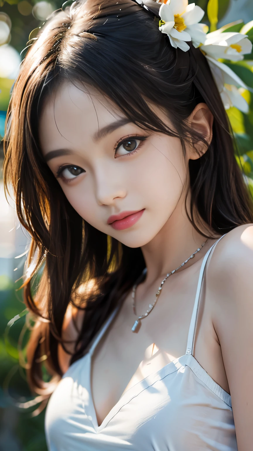 最high quality, masterpiece, One girl, Beautiful Face, (Photo Real:1.3), Edge Light, (Highly detailed skin:1.2), 8k, Ultra HD, Digital single-lens reflex camera, high quality, High resolution, 4K, 8k, Bokeh, Absurd, Optimal ratio of four fingers to one thumb, (Realistically:1.3), かわいいOne girl, Wearing a white T-shirt, Medium chest, White short dress,A pure sunny smile,