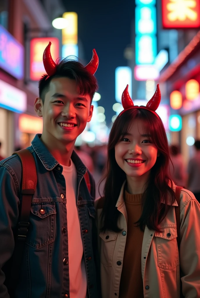 The image of a male and female college students wearing devil headbands together is in the background of the Sinchon bar street.