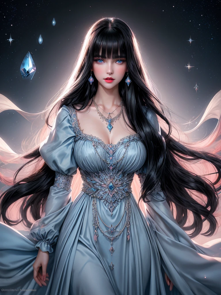 Beautiful woman with very long black hair, side-swept bangs, sparkling blue eyes, light pink lips, fair skin. Elegant but modest renaissance dress and a blue teardrop shaped necklace.