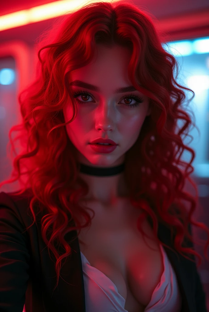 ((Very beautiful girl)), 8k, Young beautiful girl, sexy girl, ((red long hair)), red long curly hair, ((very long hair)), complex makeup, ((big boobs)), ((huge breasts)), big tits, ((huge boobs)), ((plump lips)), pouty lips, pouty lips, big lips, ((big expressive black eyes)), big eyes, perfect beautiful girl, young mommy, choker, glitter, ((perfect hands)), wet, pregnant, sexy, ((in school uniform)), Background: neon, night, ((selfie in police station)), ((selfie)), close-up, many details, neon lighting, contour neon lighting, ((selfie)), close-up, first person, sex, lust, debauchery,