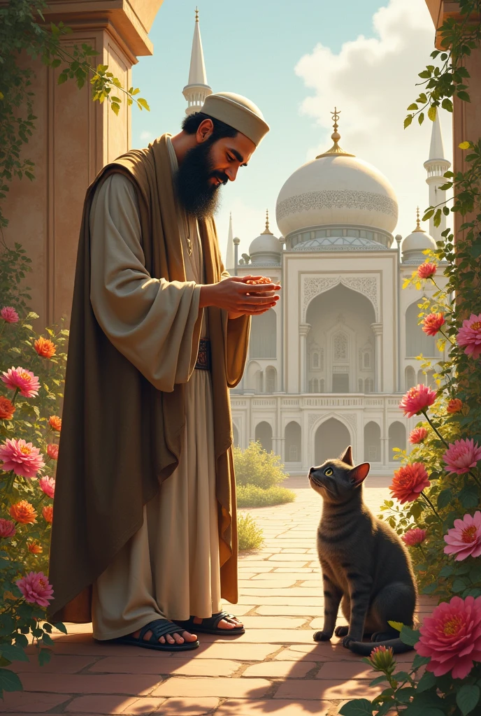 Muslim man in front of a mosque full of flowers, feeding a hungry cat and showing kindness to it