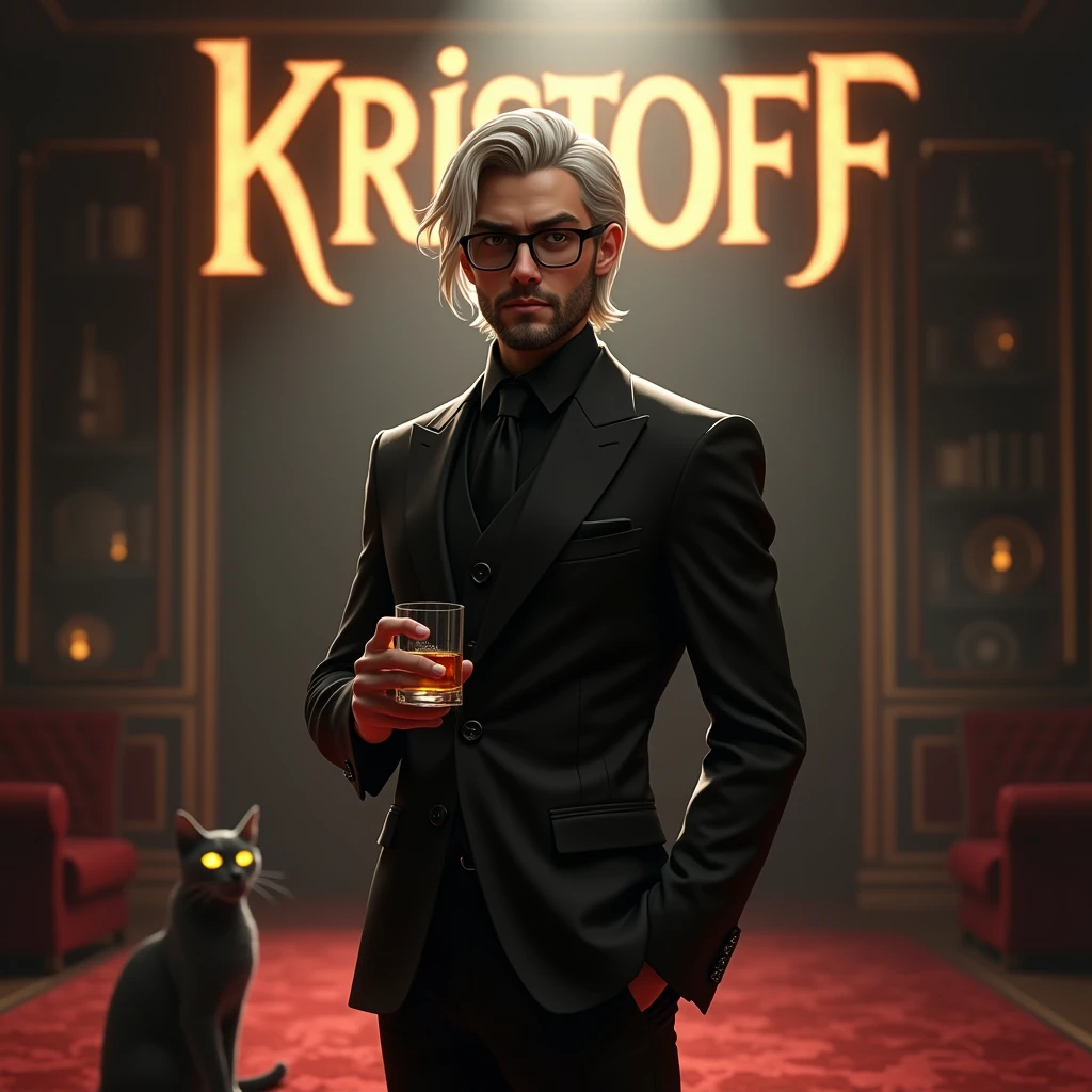 Create a realistic image where a young man with mid long white coloured hair and beard but he's actually young and wearing black luxury suit and a ni black spectacles and standing on luxury floor with red carpet, he's holding a whiskey glass in his hand and second hand in his pants pocket, there is smoke in background a shadow of cat and cat's eyes is glowing in yellow colour. In background the name "Kristoff" is showing in bold effects just attached above the chair the head of the character as per his name.