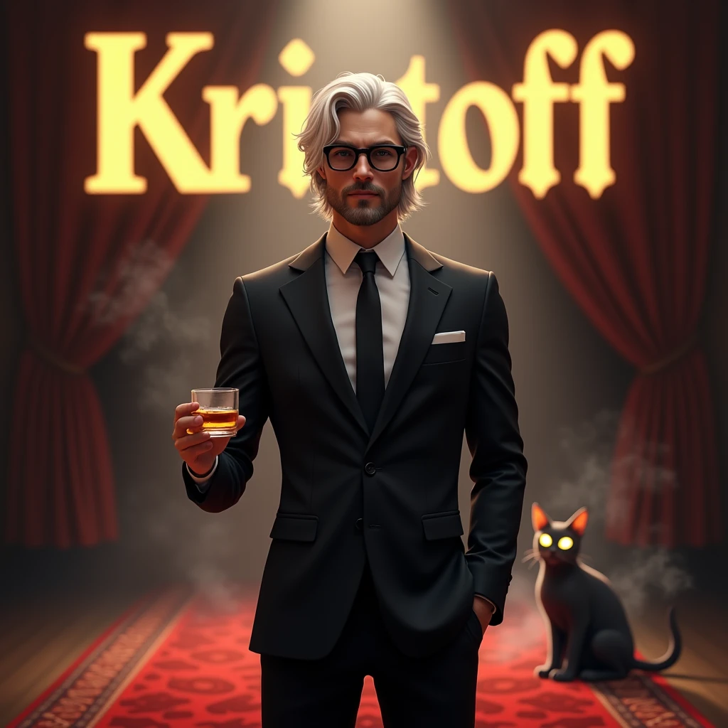 Create a realistic image where a young man with mid long white coloured hair and beard but he's actually young and wearing black luxury suit and a ni black spectacles and standing on luxury floor with red carpet, he's holding a whiskey glass in his hand and second hand in his pants pocket, there is smoke in background a shadow of cat and cat's eyes is glowing in yellow colour. In background the name "Kristoff" is showing in bold effects just attached above the chair the head of the character as per his name.
