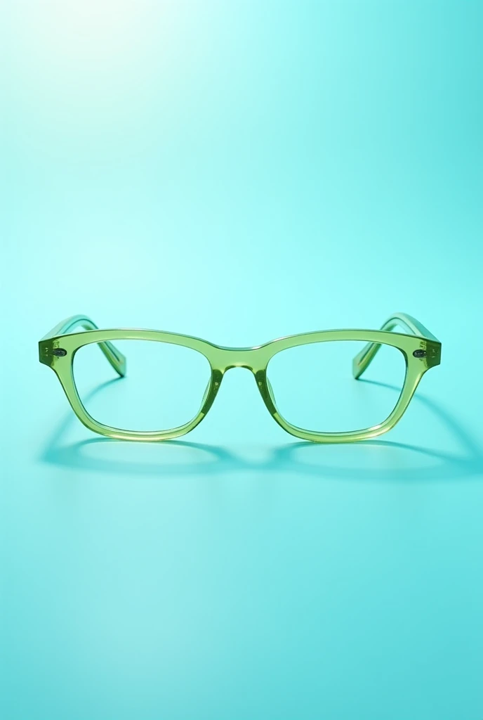 A light green glasses, on a light blue background, shiny, natural light,