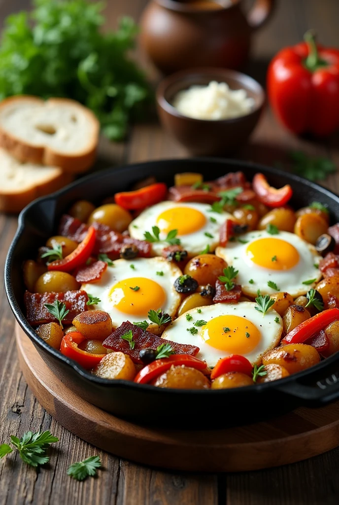 Breakfast Skillet – Eggs, potatoes, veggies, and your choice of meats all cooked together in a skillet.